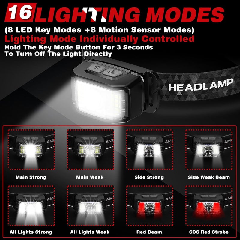 KIDECCE Store Headlamp Rechargeable,2 Pack 2000 Lumen Super Bright Led Headlamp,16 Modes Motion Sensor Head Lamp,Ipx6 Waterproof Lightweight Headlight,White Red Flashlight For Fishing Camping Hunting Essentials - Image 3